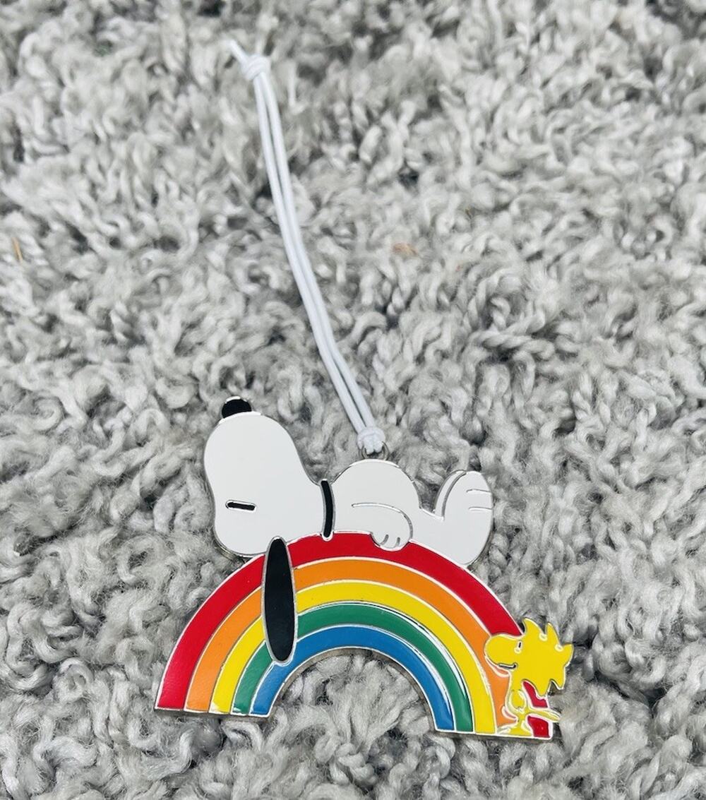 Hallmark Peanuts Snoopy On Rainbow Woodstock Flat Metal Ornament